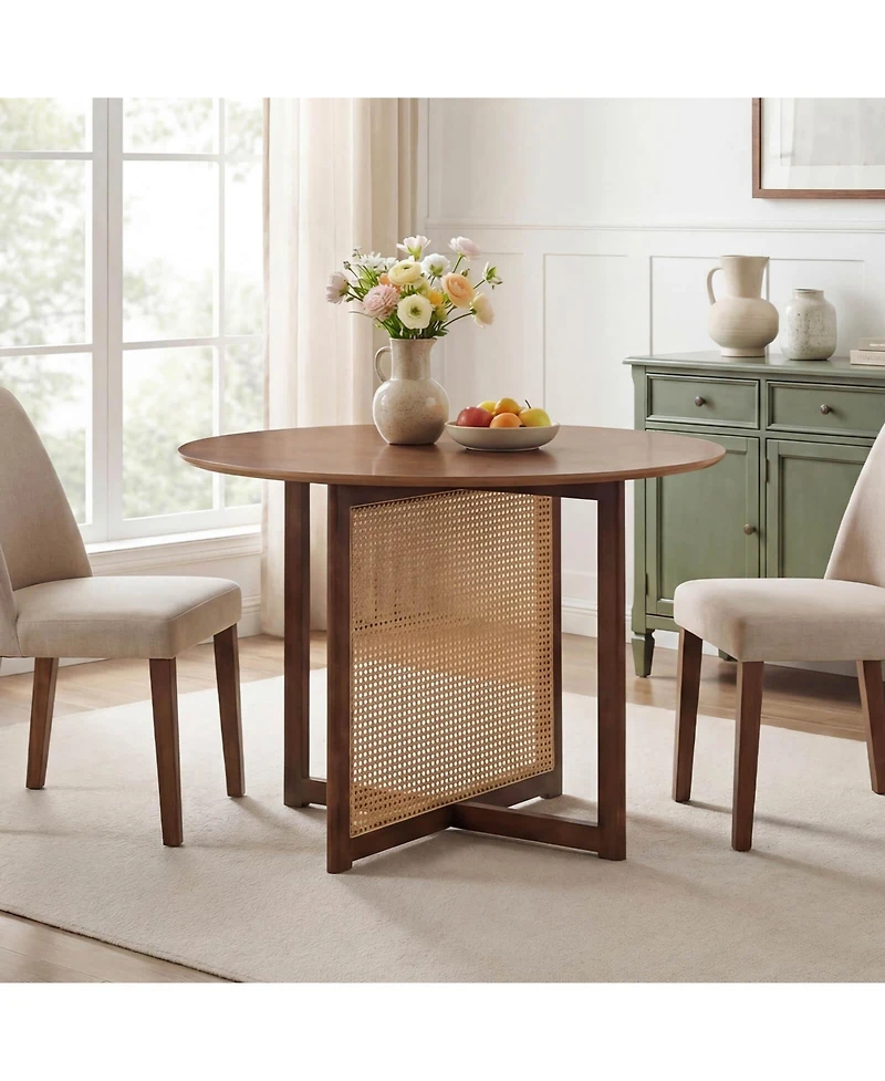 Costway Round Dining Table with Cross Pedestal Base, Pe Rattan Decoration for Dining Room