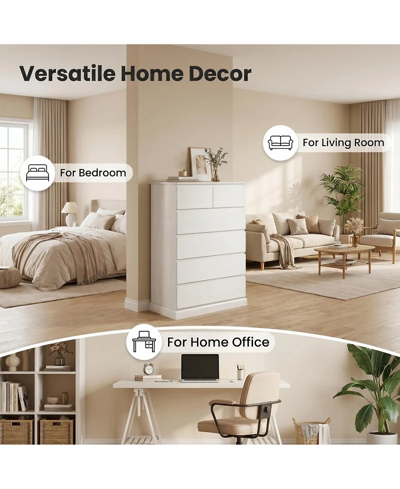 Rainsken 6 Drawers Dresser for Bedroom, with Concealed Handles, Vertical Wood Storage Cabinet, Tall Dresser for Bedroom, Living Room, Entryway