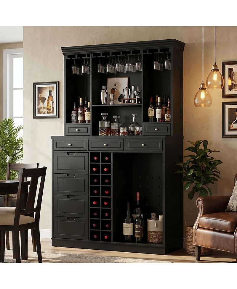 Homsee Modern Wine Cabinet - Coffee Bar Cabinet with 9 Drawers | Storage Sideboard with Wine Glass Holder for Living Room