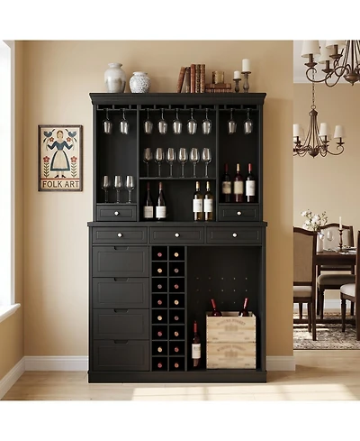 Homsee Modern Wine Cabinet - Coffee Bar Cabinet with 9 Drawers | Storage Sideboard with Wine Glass Holder for Living Room