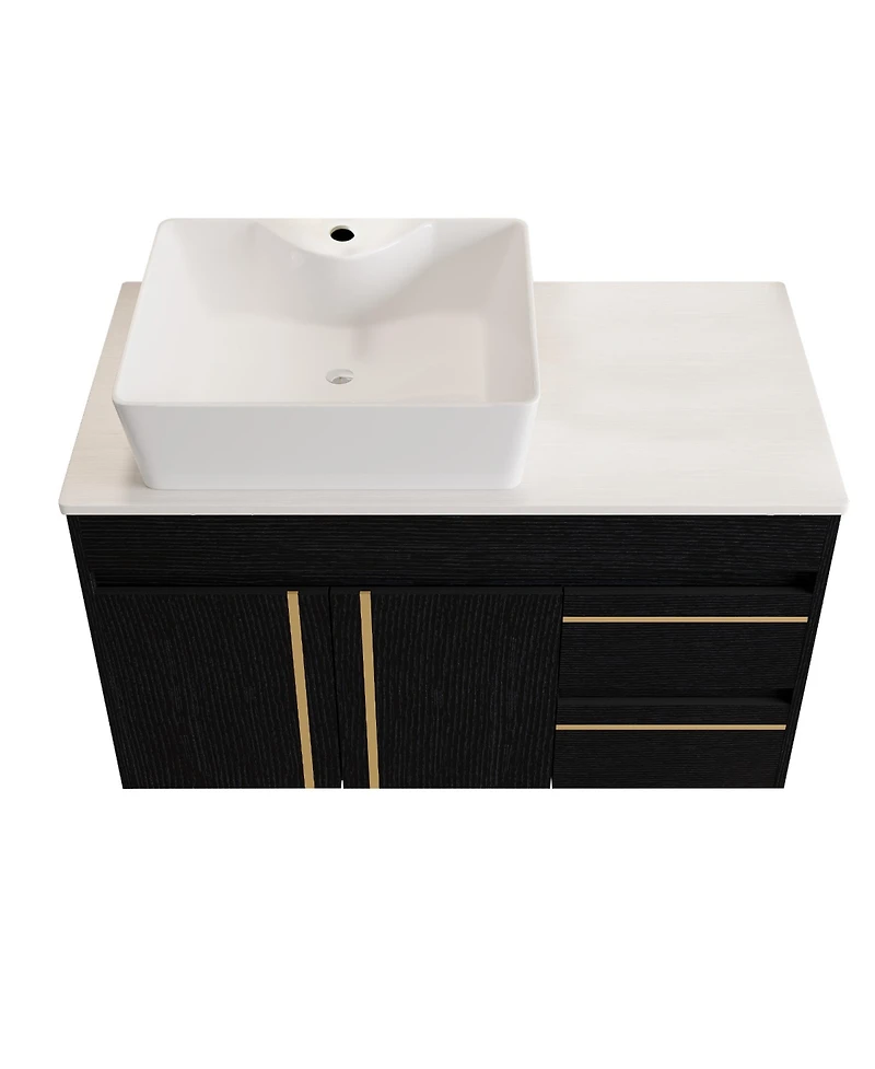 Busdays 36 Inch Wall Mounted Bathroom Vanity with Vessel Ceramic Sink and Plywood Countertop Soft Close Door Drawers Floating Design