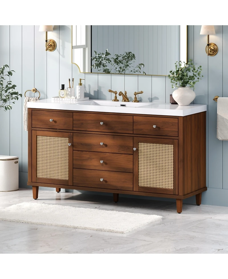 Busdays 60 Inch Bathroom Vanity with Smc Sink Modern Large Storage Soft Close Drawers Rattan Doors Knobs 5 Pine Legs