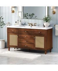 Busdays 60 Inch Bathroom Vanity with Smc Sink Modern Large Storage Soft Close Drawers Rattan Doors Knobs 5 Pine Legs