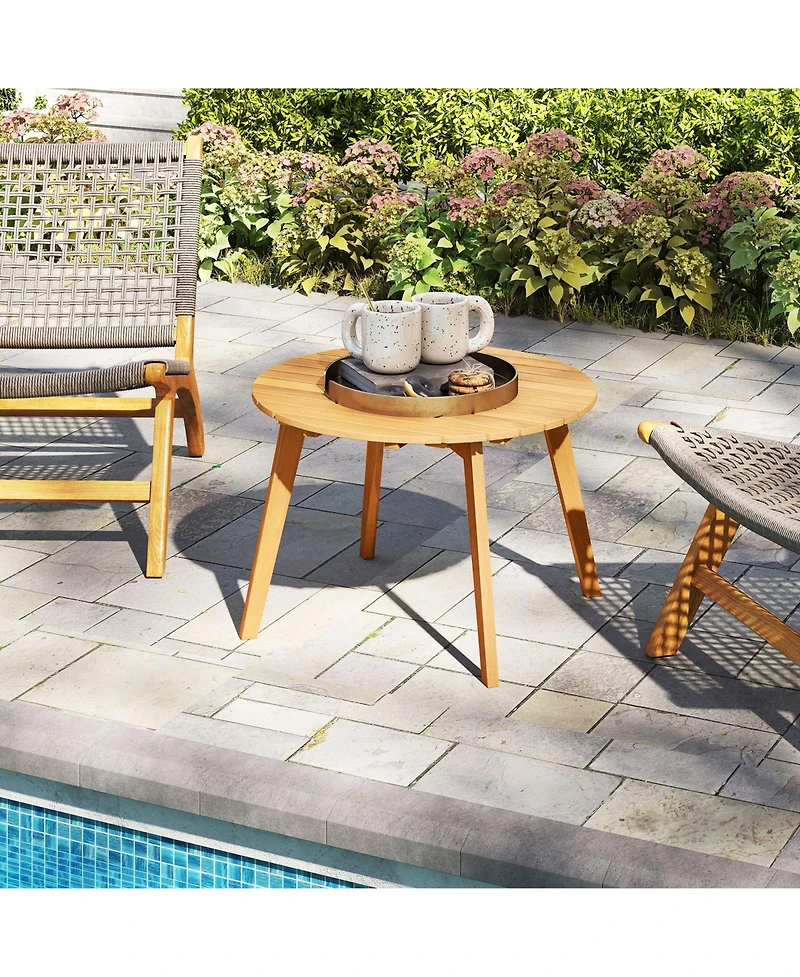 Sugift Round Outdoor Acacia Wood Side Table with Slatted Tabletop
