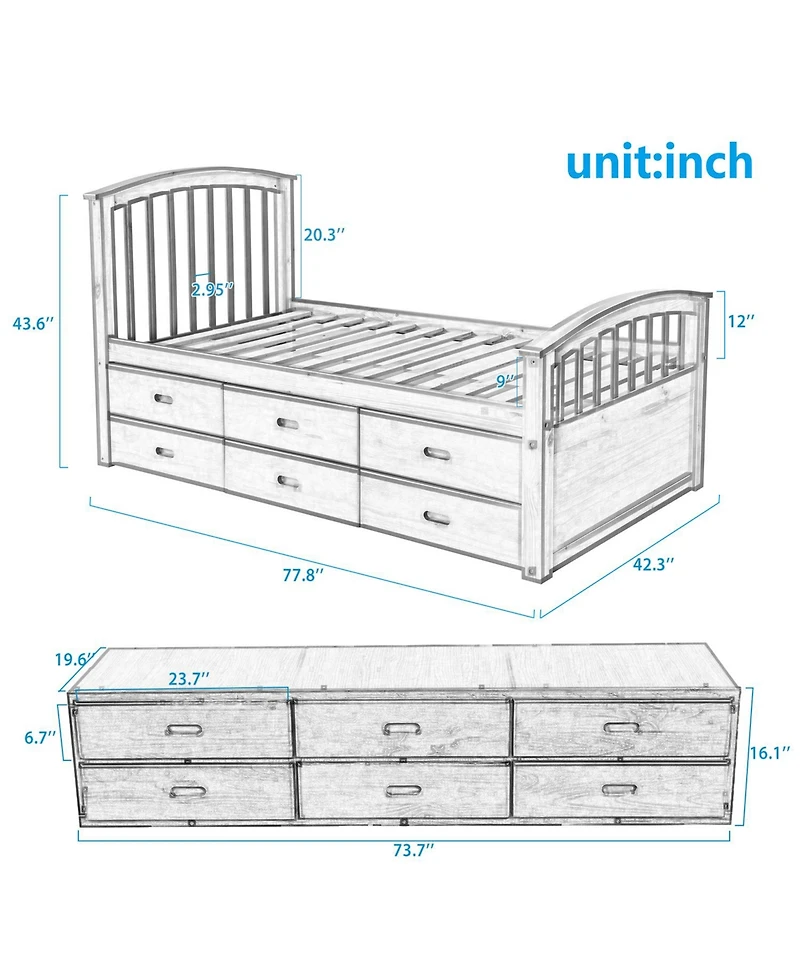 Boyel Living Twin Platform Bed with 6 Drawers, Solid Pinewood Storage Frame, for Kids and Teens