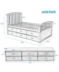 Boyel Living Twin Platform Bed with 6 Drawers, Solid Pinewood Storage Frame, for Kids and Teens