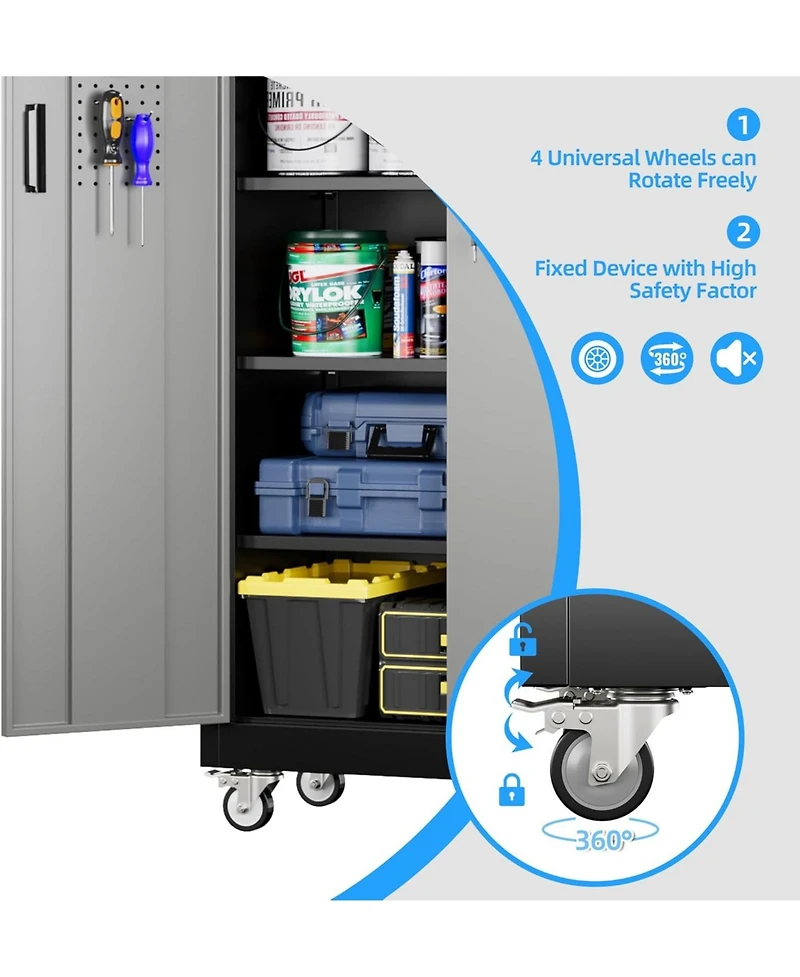 Boyel Living 71 Inch Metal Garage Storage Cabinet with Wheels and Pegboard, Lockable Tool Organizer 5 Adjustable Shelves