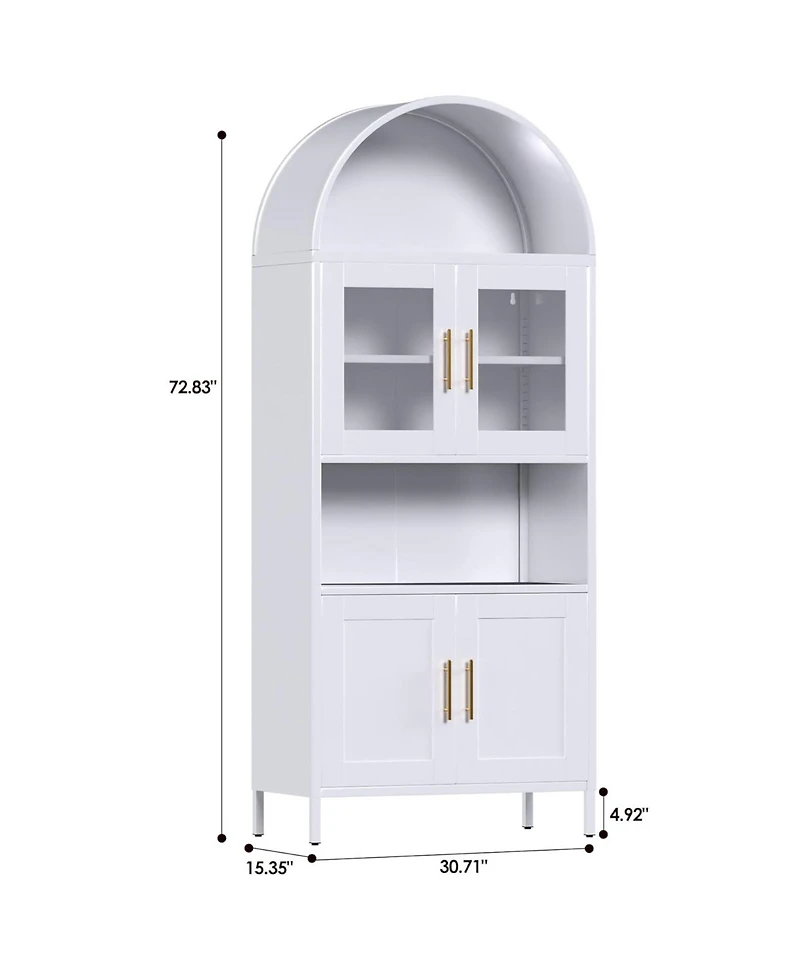 Boyel Living Farmhouse Arched Coffee Bar Cabinet, Metal Pantry Hutch with Glass Doors and Adjustable Shelves