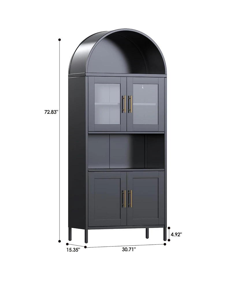 Boyel Living Farmhouse Arched Coffee Bar Cabinet, Metal Pantry Hutch with Glass Doors and Adjustable Shelves