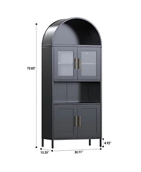Boyel Living Farmhouse Arched Coffee Bar Cabinet, Metal Pantry Hutch with Glass Doors and Adjustable Shelves
