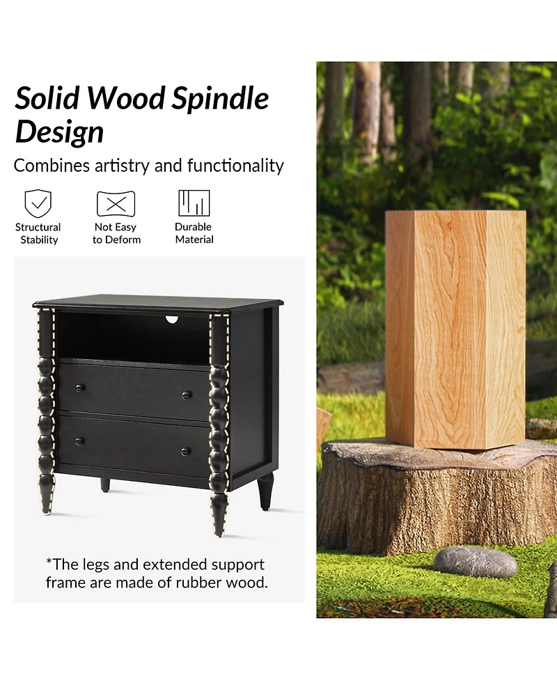 Hulala Home Isidora Transitional 28"W 2-Drawer Spindle-Style Solid Wood Columns End Table with Usb Ports