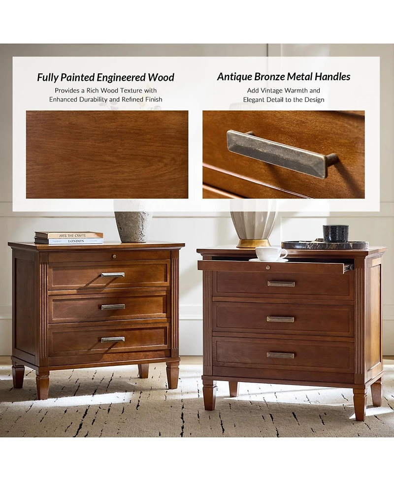 Hulala Home Launcelot Eliseo Transitional 3 Drawers End Table with Built-In Outlets Usb Type C