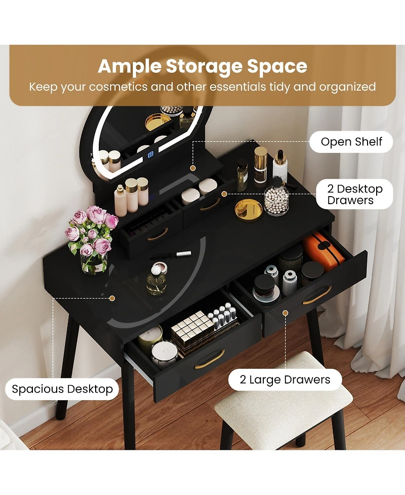 Slickblue Small Dressing Table Set with Led Lighted Mirror and Comfortable Stool
