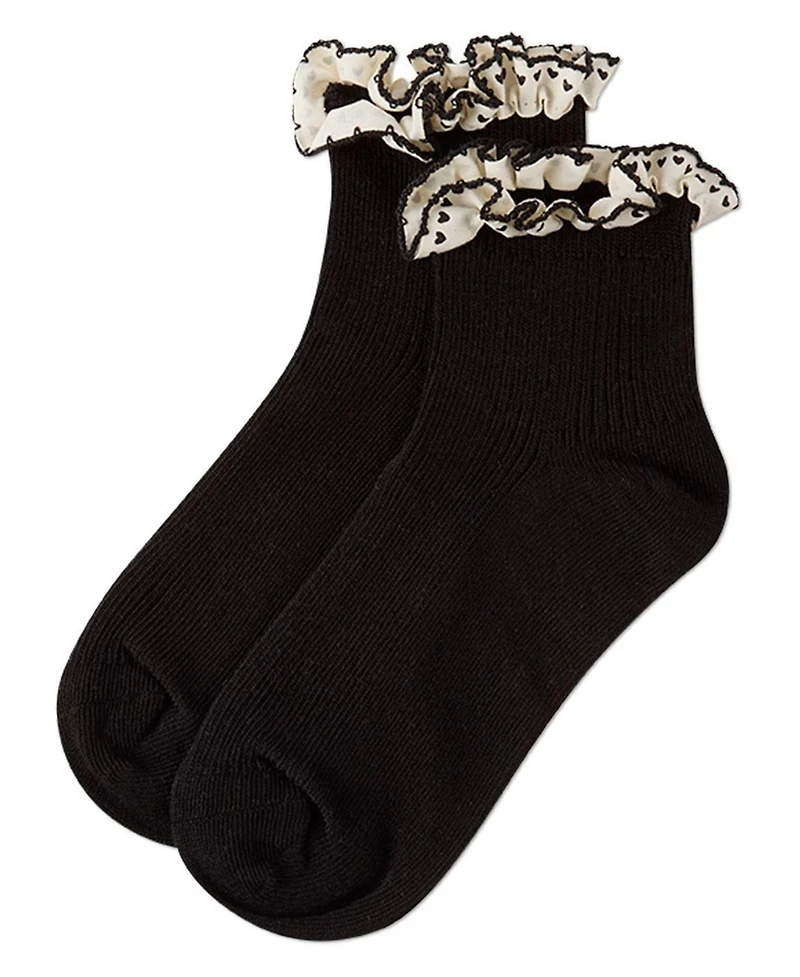 MeMoi Baby Girls Ribbed Cotton-Rich Ankle Sock with Heart-Print Lace-Trim Ruffle