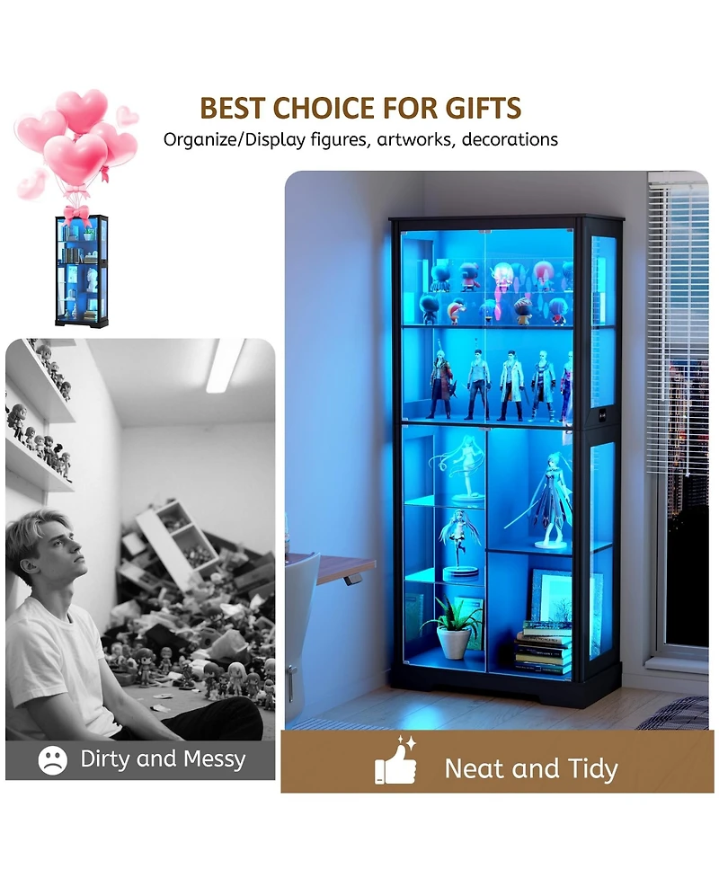 Vlsrka 71 Inch Tall Display Curio Cabinet with Glass Doors and 3 Color Lights