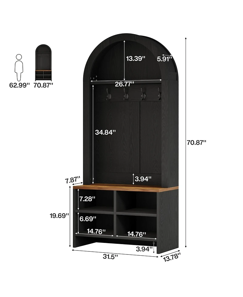 Tribesigns 70.87 Inch Hall Tree with Bench and Shoe Storage, Arched Coat Rack 4 Hooks Cubbies, Entryway