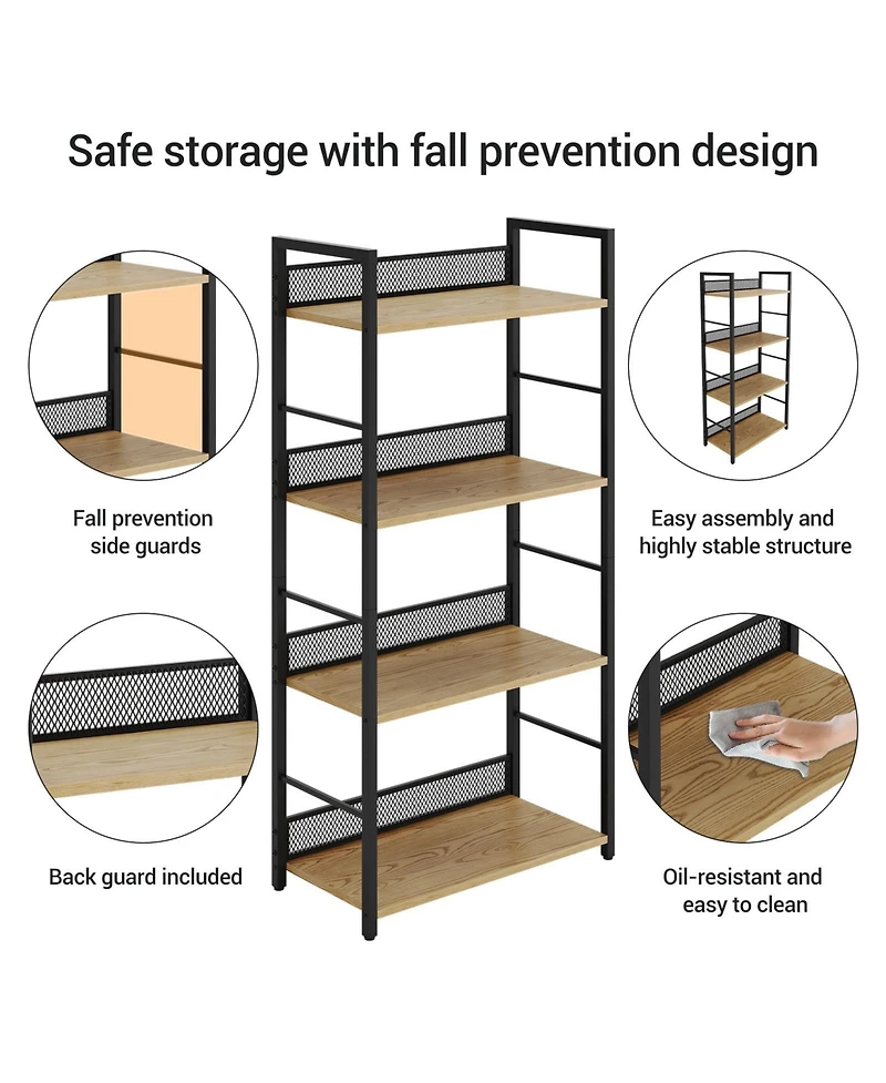 gaomon 4 Tier Bookshelf with Metal Frame and Wood Shelves, Tall Industrial Bookcase Storage Rack for Bedroom Living Room Home Office