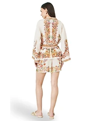 Yumi Women's Viscose Floral Border Belted Jacket