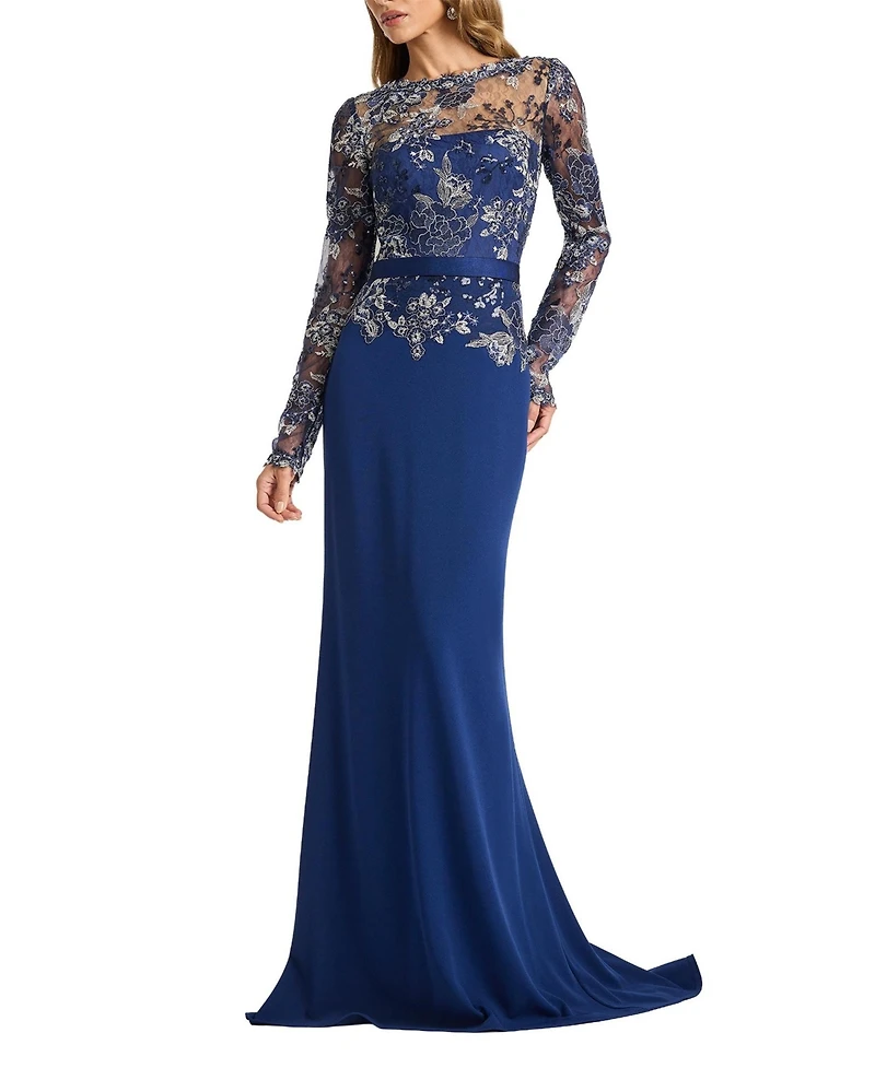 Tadashi Shoji Women's Beacon Belted Embroidered Illusion Gown