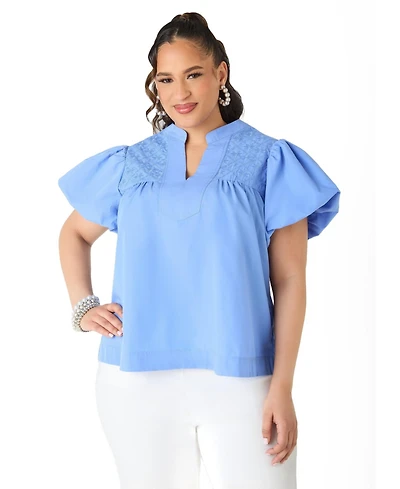 Ashley Stewart Plus Puff Sleeve Embroidered Women's Top