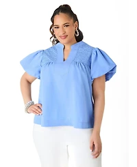 Ashley Stewart Plus Puff Sleeve Embroidered Women's Top