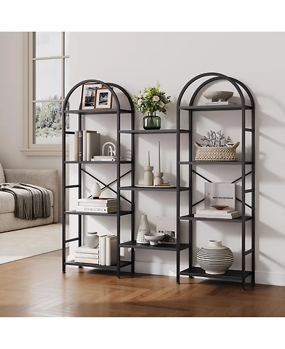 homfan Industrial Bookshelf, 62 Inch Metal and Wood 4 Tier Arched Triple Column Bookcase with 11 Open Shelves for Living Room, Bedroom, Office