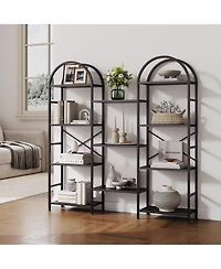 homfan Industrial Bookshelf, 62 Inch Metal and Wood 4 Tier Arched Triple Column Bookcase with 11 Open Shelves for Living Room, Bedroom, Office