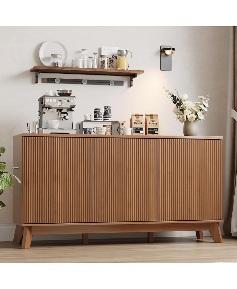 homfan 58 Inch Modern Farmhouse Fluted Wooden Credenza, 3-Door Sideboard Buffet with Adjustable Shelves, Multi-Use Storage Console