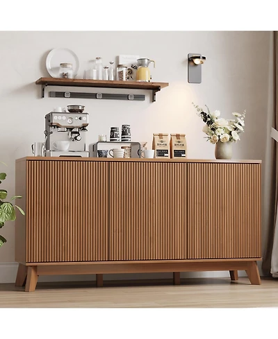 homfan 58 Inch Modern Farmhouse Fluted Wooden Credenza, 3-Door Sideboard Buffet with Adjustable Shelves, Multi-Use Storage Console