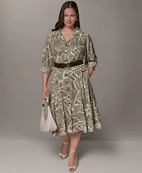 Donna Karan New York Plus Printed 3/4-Length Sleeve Belted Midi Shirtdress