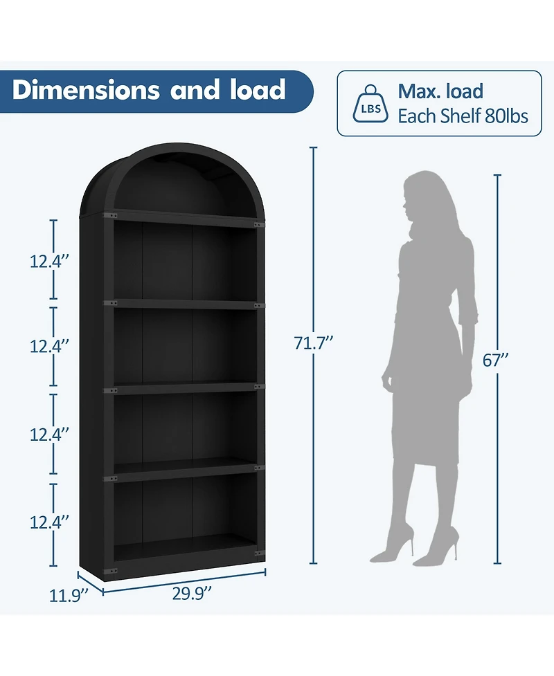 homfan Arched 5-Shelf Wooden Bookcase Cabinet with Doors - 71.65 Inch Tall Farmhouse Display Storage Rack Bookshelf for Home Office, Living Room