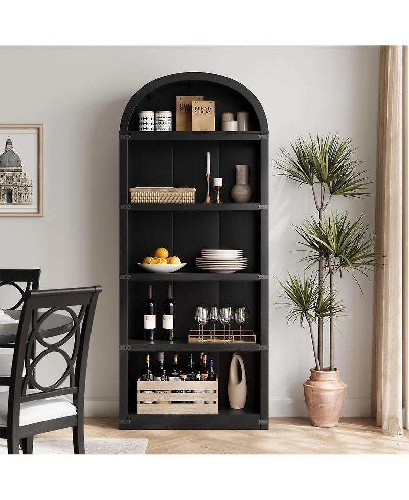 homfan Arched 5-Shelf Wooden Bookcase Cabinet with Doors - 71.65 Inch Tall Farmhouse Display Storage Rack Bookshelf for Home Office, Living Room