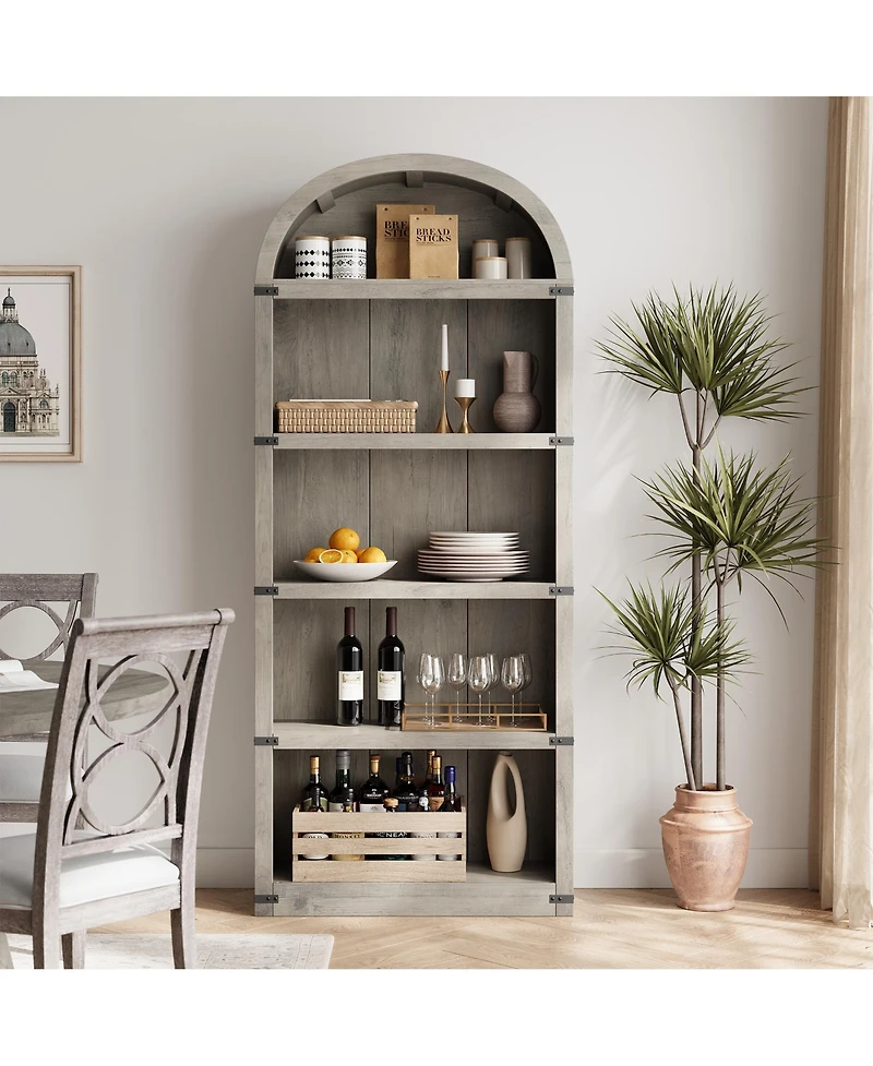 homfan Arched 5-Shelf Wooden Bookcase Cabinet with Doors - 71.65 Inch Tall Farmhouse Display Storage Rack Bookshelf for Home Office, Living Room