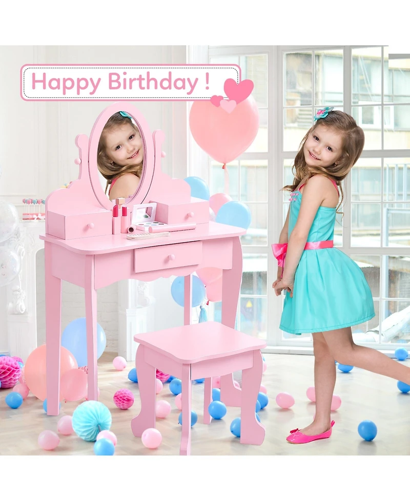 homfan Kids Vanity Set with Mirror and Stool, Wooden Princess Makeup Dressing Table with Drawer for Girls Ages 4-9, Perfect Pretend Play Vanity