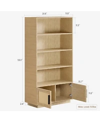 homfan Boho Style 5-Tier Wooden Shelving Unit with Rattan Doors - Tall Display and Storage Bookcase for Indoor Living and Working Spaces