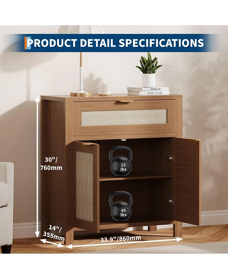 homfan Farmhouse Rattan Sideboard Buffet Cabinet, Adjustable Shelf and Drawer, Multi-Purpose Storage Console Table for Entryway, Living Room