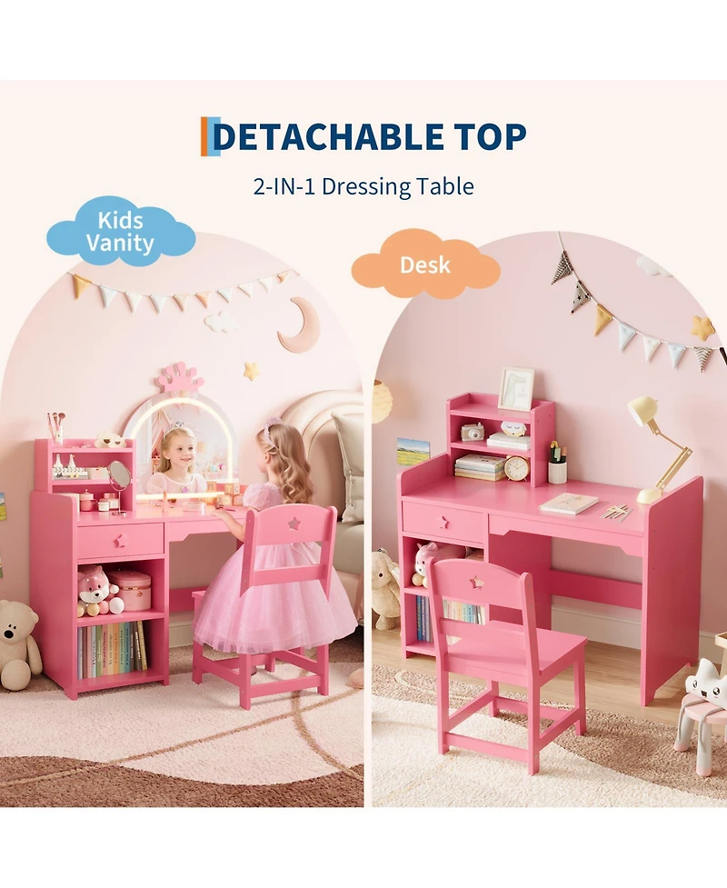 homfan 2-in-1 Kids Vanity Set with Lighted Mirror, 4-Piece Dressing Table with Bookshelf, Storage Cabinet and Stool, for Girls Ages 3-8