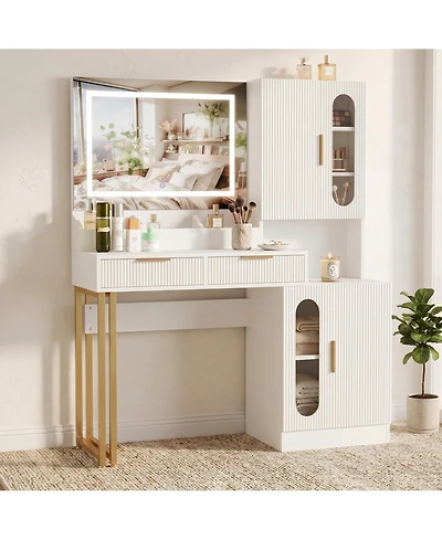 homfan Modern Fluted Vanity Desk with Led Mirror, Charging Station, 2 Drawers and 2 Cabinets, Spacious Wooden Makeup Table for Bedroom or Dorm