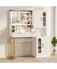 homfan Modern Fluted Vanity Desk with Led Mirror, Charging Station, 2 Drawers and 2 Cabinets, Spacious Wooden Makeup Table for Bedroom or Dorm