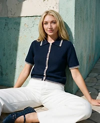 CeCe Women's Pointelle Short-Sleeve Collared Cotton Cardigan