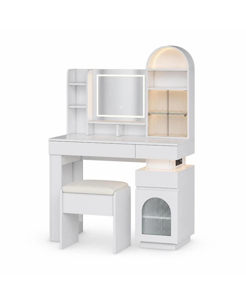homfan Arched Vanity Desk Set with Lighted Mirror, 3 Drawers, 11 Shelves, Outlet and Stool