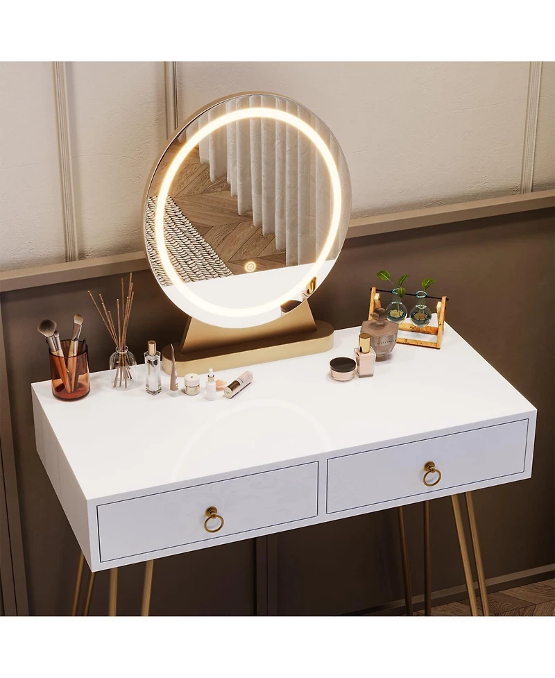 homfan Vanity Desk Set with Lighted Mirror, Soft Cushioned Stool, 3 Lighting Modes Dressing Table, 2 Drawers for Bedroom