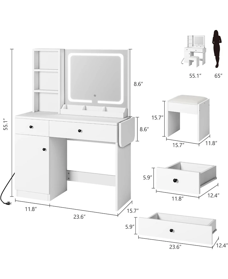 homfan Elegant Makeup Vanity Set with Led Mirror, Power Outlet, Drawers, Cabinet, Shelves and Stool, Dressing with Ample Storage for Dorm Home