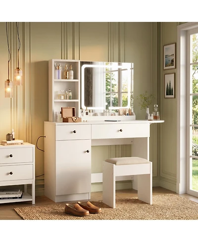 homfan Elegant Makeup Vanity Set with Led Mirror, Power Outlet, Drawers, Cabinet, Shelves and Stool, Dressing with Ample Storage for Dorm Home