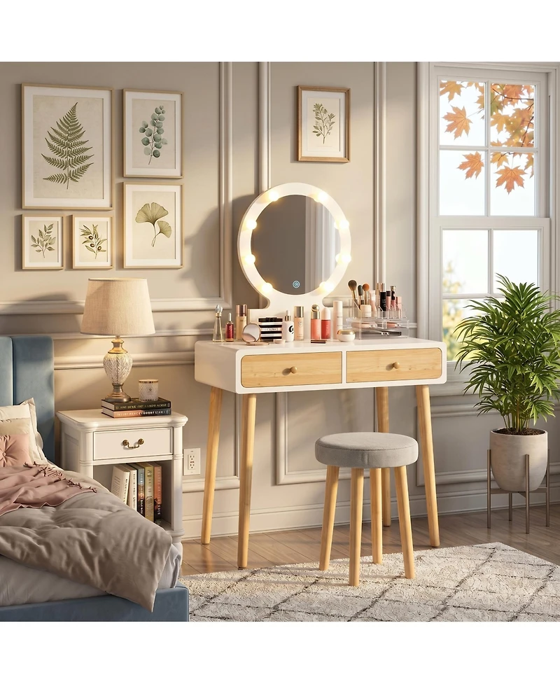 homfan Makeup Vanity Desk, White Vanity Table and Cushioned Stool Set with 3 Colors Adjustable Led Mirror, Dressing Table with 2 Large Drawers