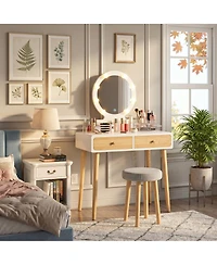 homfan Makeup Vanity Desk, White Vanity Table and Cushioned Stool Set with 3 Colors Adjustable Led Mirror, Dressing Table with 2 Large Drawers