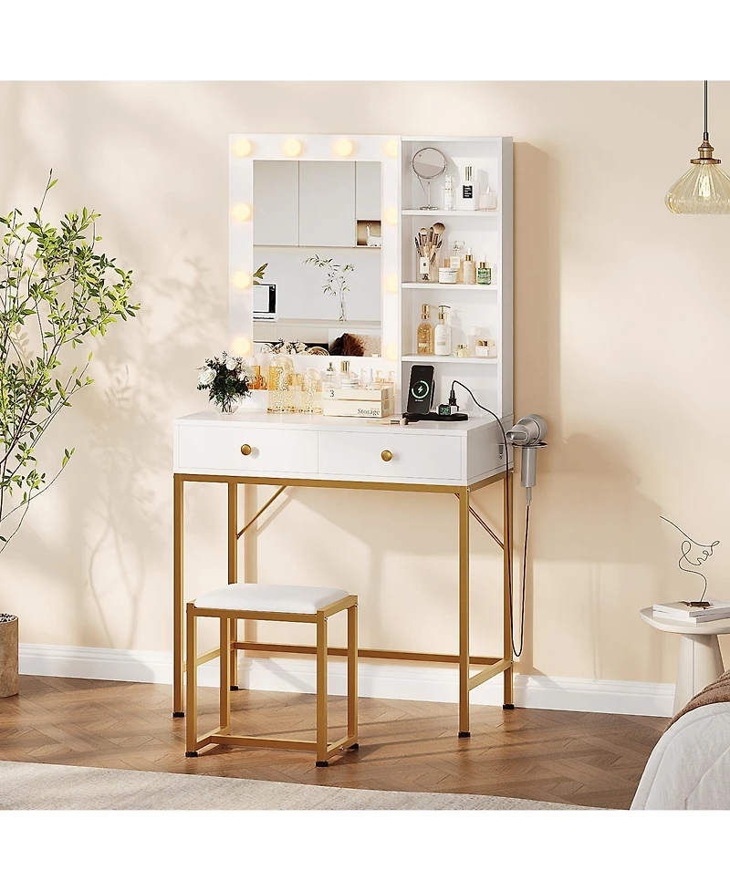 homfan Modern Vanity Desk with Led Mirror and Charging Station, 2 Large Drawers, 3 Adjustable Lighting Modes, Open Shelves, Chair, Bedroom