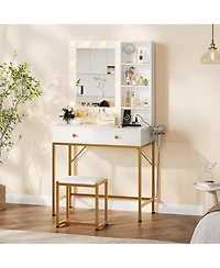 homfan Modern Vanity Desk with Led Mirror and Charging Station, 2 Large Drawers, 3 Adjustable Lighting Modes, Open Shelves, Chair, Bedroom
