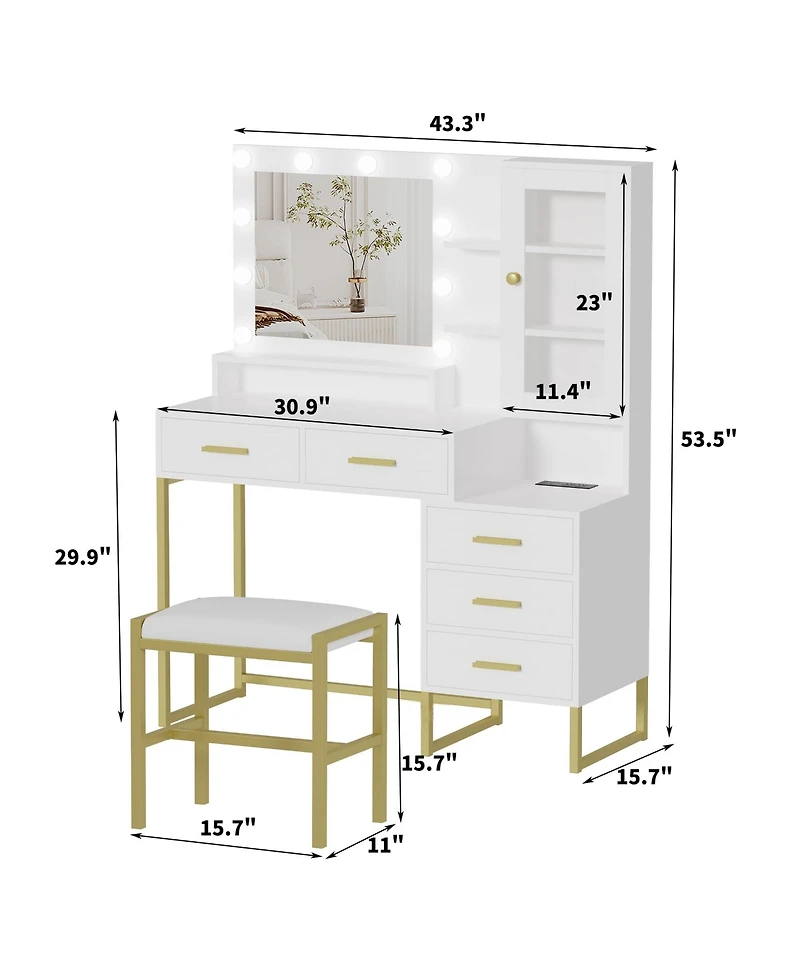 homfan Vanity with Led Mirror, 53.5" Makeup Set, 5 Drawers and Shelves, Charging Station and Stool Included, Modern Dressing Table with Storage