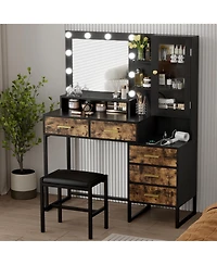homfan Vanity Desk with Mirror and Lights, Girls Vanity Table with Chair, Charging Station, Drawers and Shelves for Bedroom, Living Room